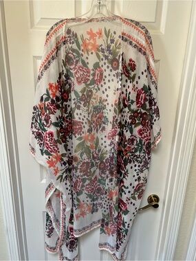 Floral Sheer Kimono Cardigan - White with Pink & Green Floral Print